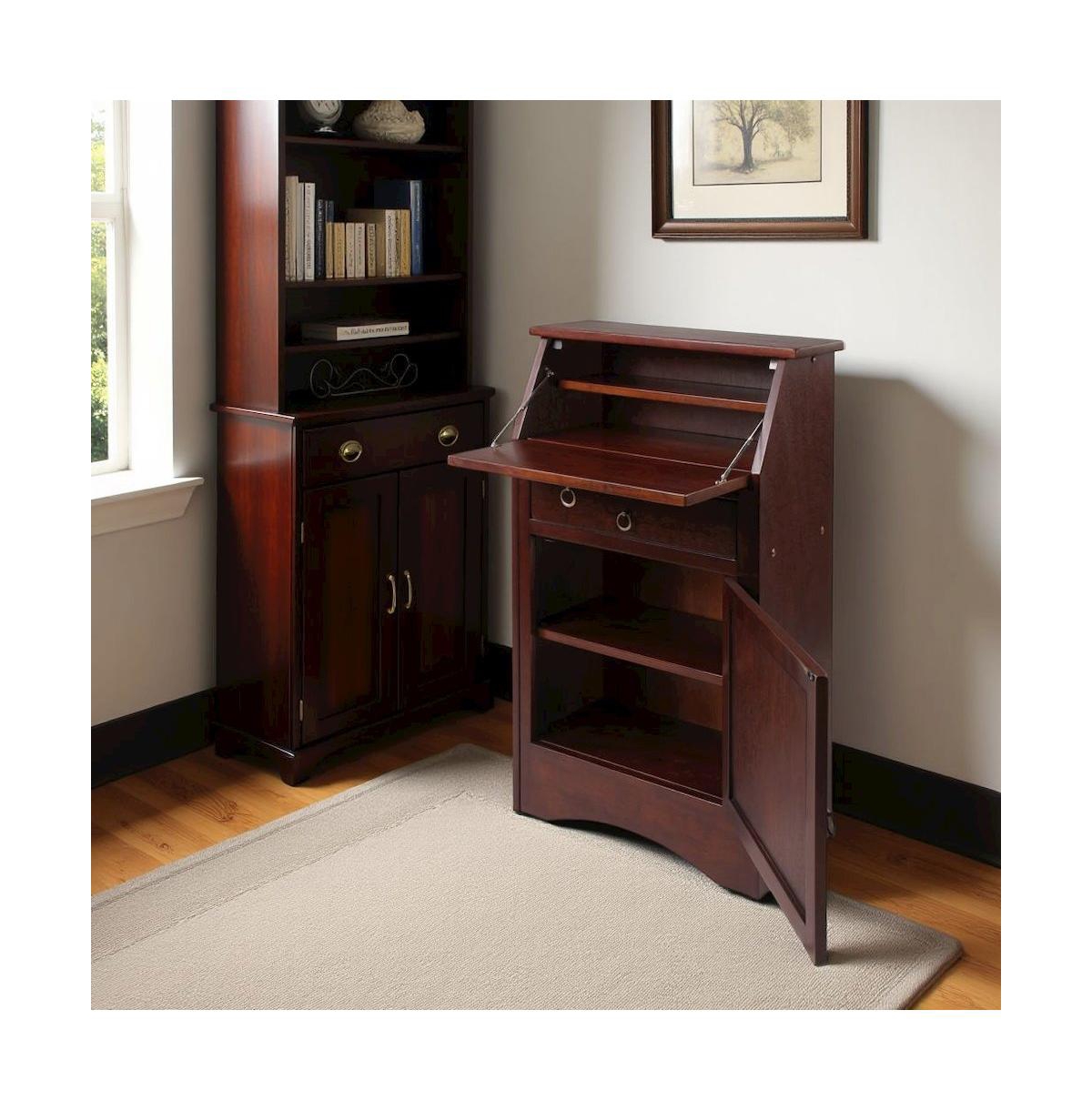 FurniFact Walnut Secretary Desk - Classic Roll Top Hidden Desk with Storage - Walnut