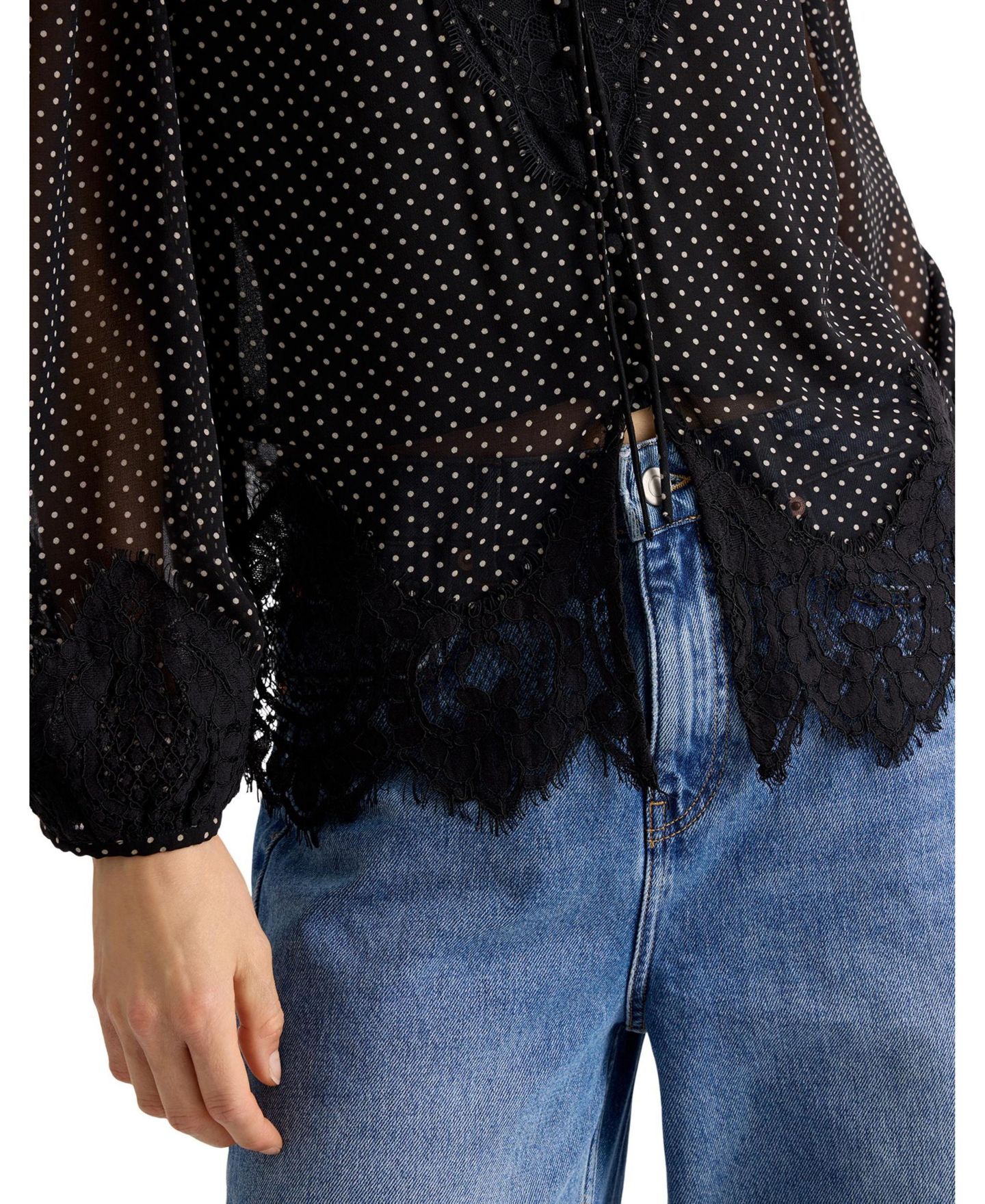 Женская блузка Albaray Polka-Dot Lace-Trim Long-Sleeve, цвет: Чёрный — фото 2
