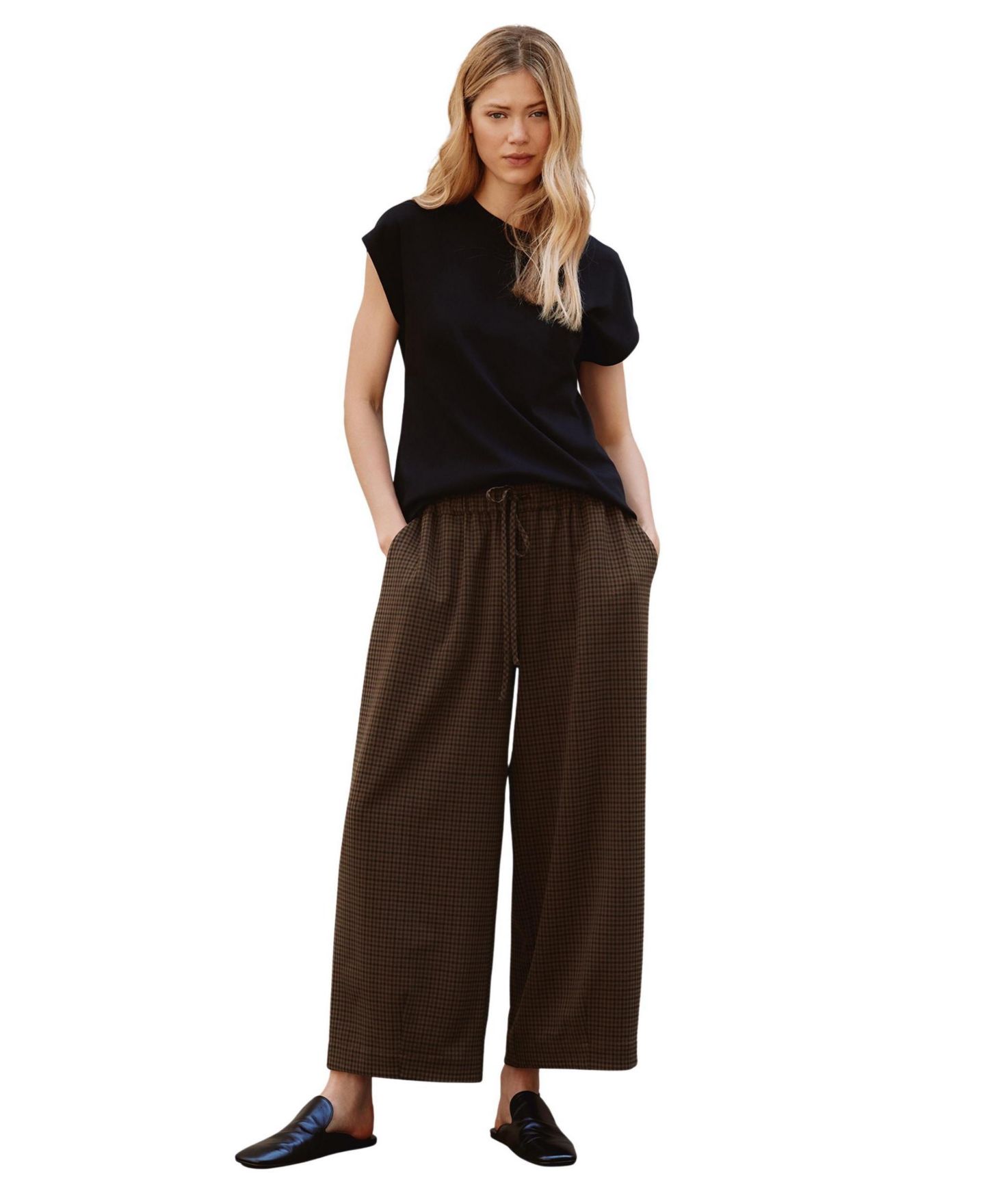 Женские брюки Albaray Gingham-Print Drawstring Wide-Leg Culotte, цвет: Шоколадный — фото 2