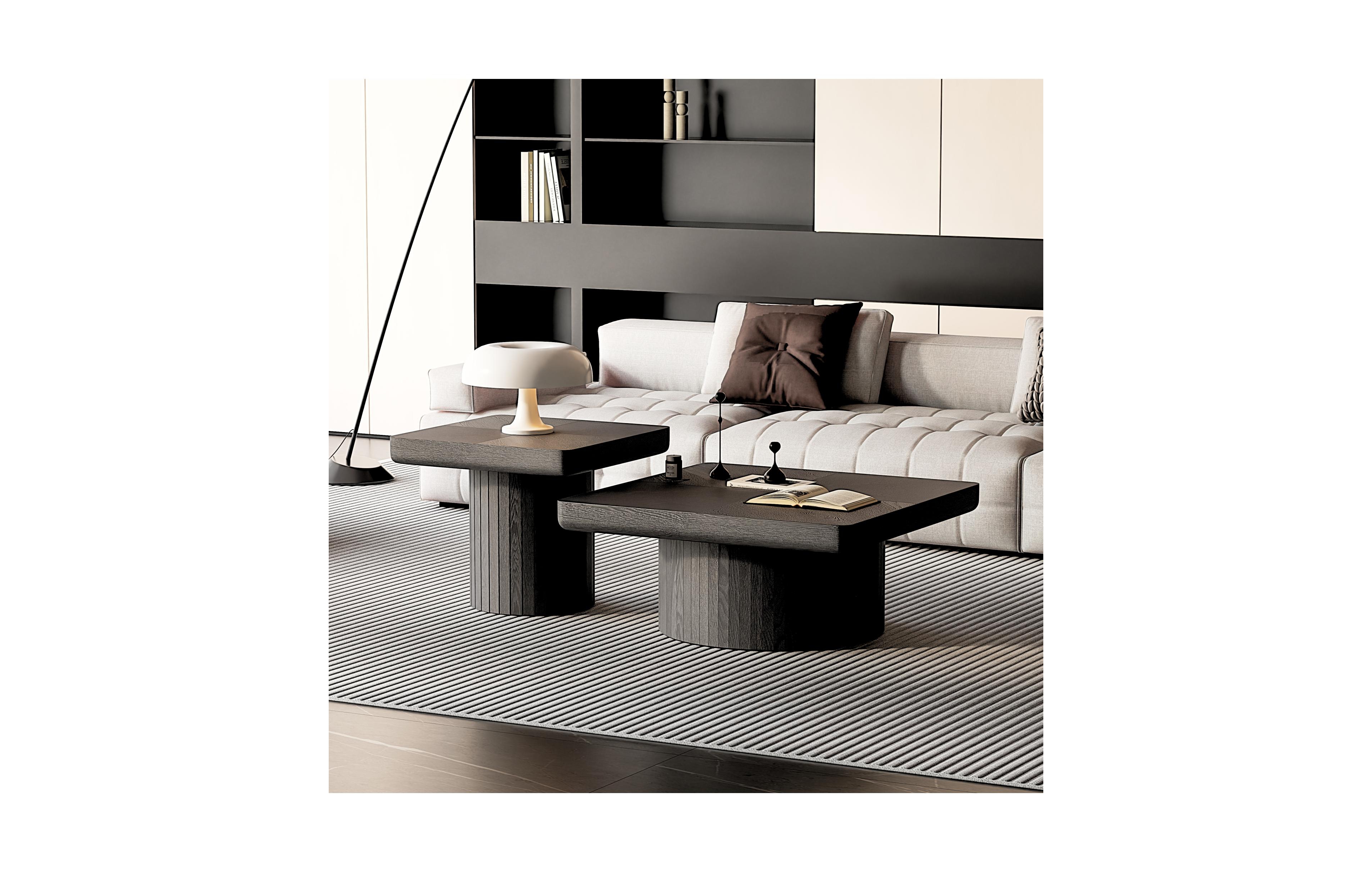 Rainsken Nesting Coffee Table Set of 2, 34.6" Square and 23.6" Side with Cylindrical Fluted Pedestal for Living Room