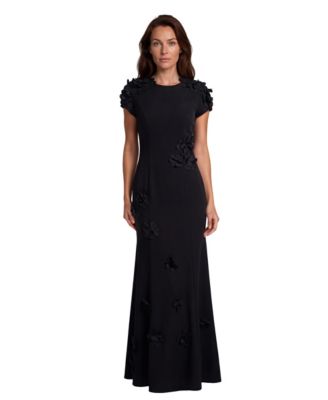 Women's High Neck Stretch Crepe Fit And Flare Gown with Sequin Appliques