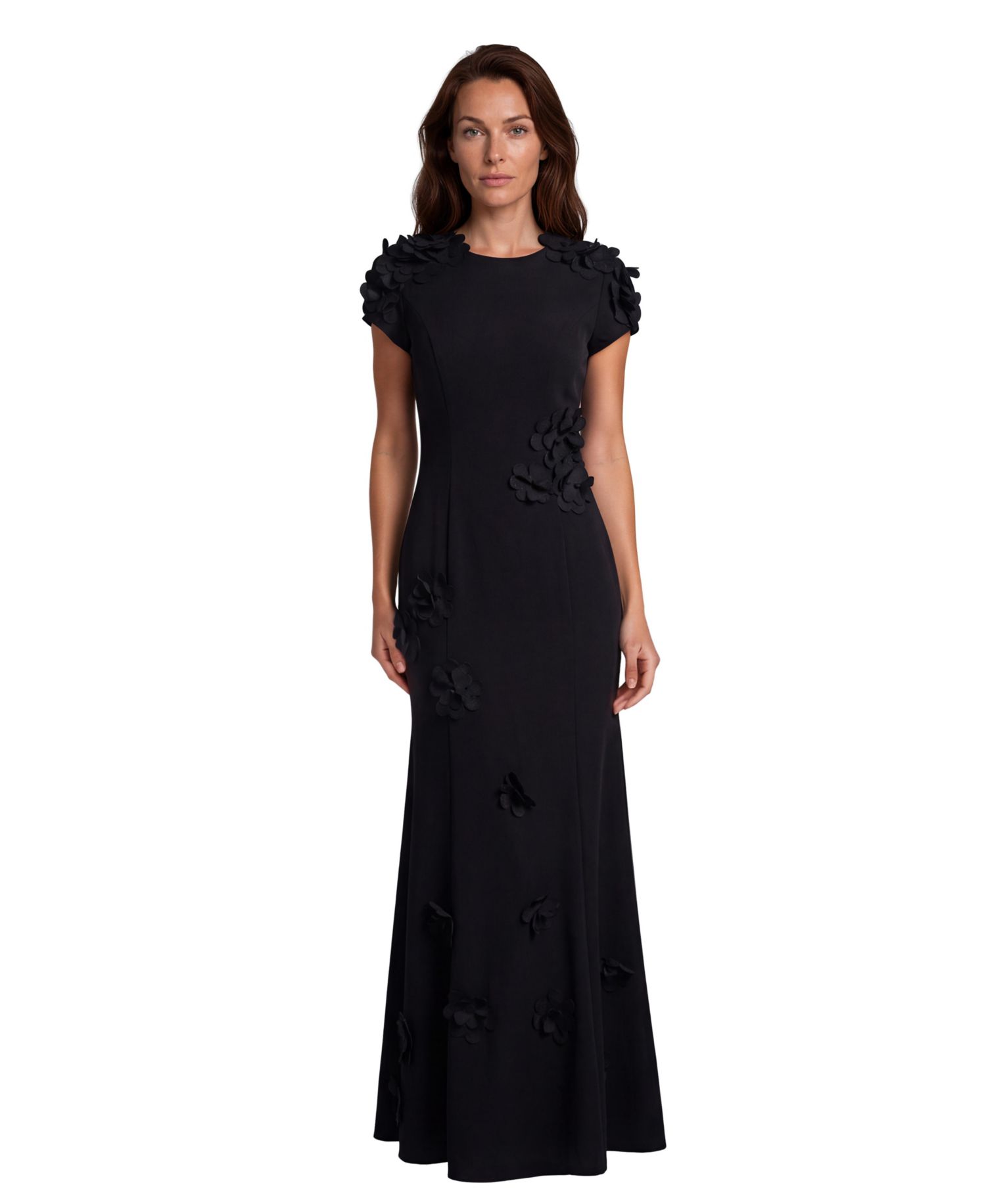 Women's High Neck Stretch Crepe Fit And Flare Gown with Sequin Appliques