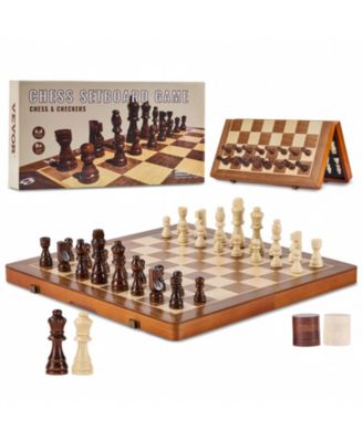 Magnetic Wooden 15 Inch Chess and Checkers Board Game, Ages 3+