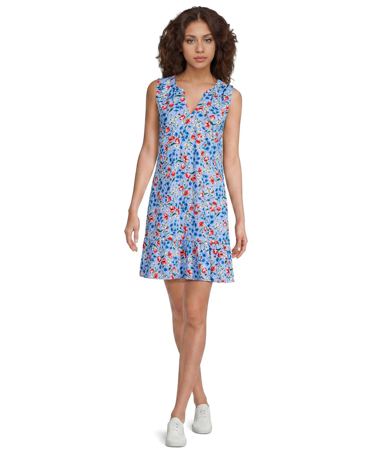 Lands' End Women's Sleeveless Cotton Jersey Notch Neck Flounce Dress - Clear blue sky poppy floral