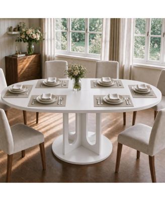 43"-59" Extendable Round to Oval Dining Table, Wood Grain Kitchen Table for 4-6