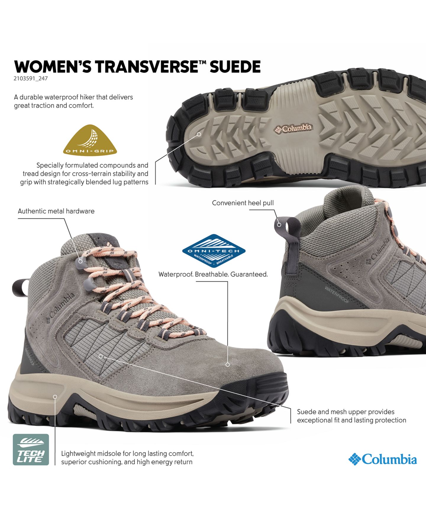 Женские ботинки Columbia Transverse™ Suede Waterproof Hiking, цвет: Холщовый рыжевато-коричневый — фото 7
