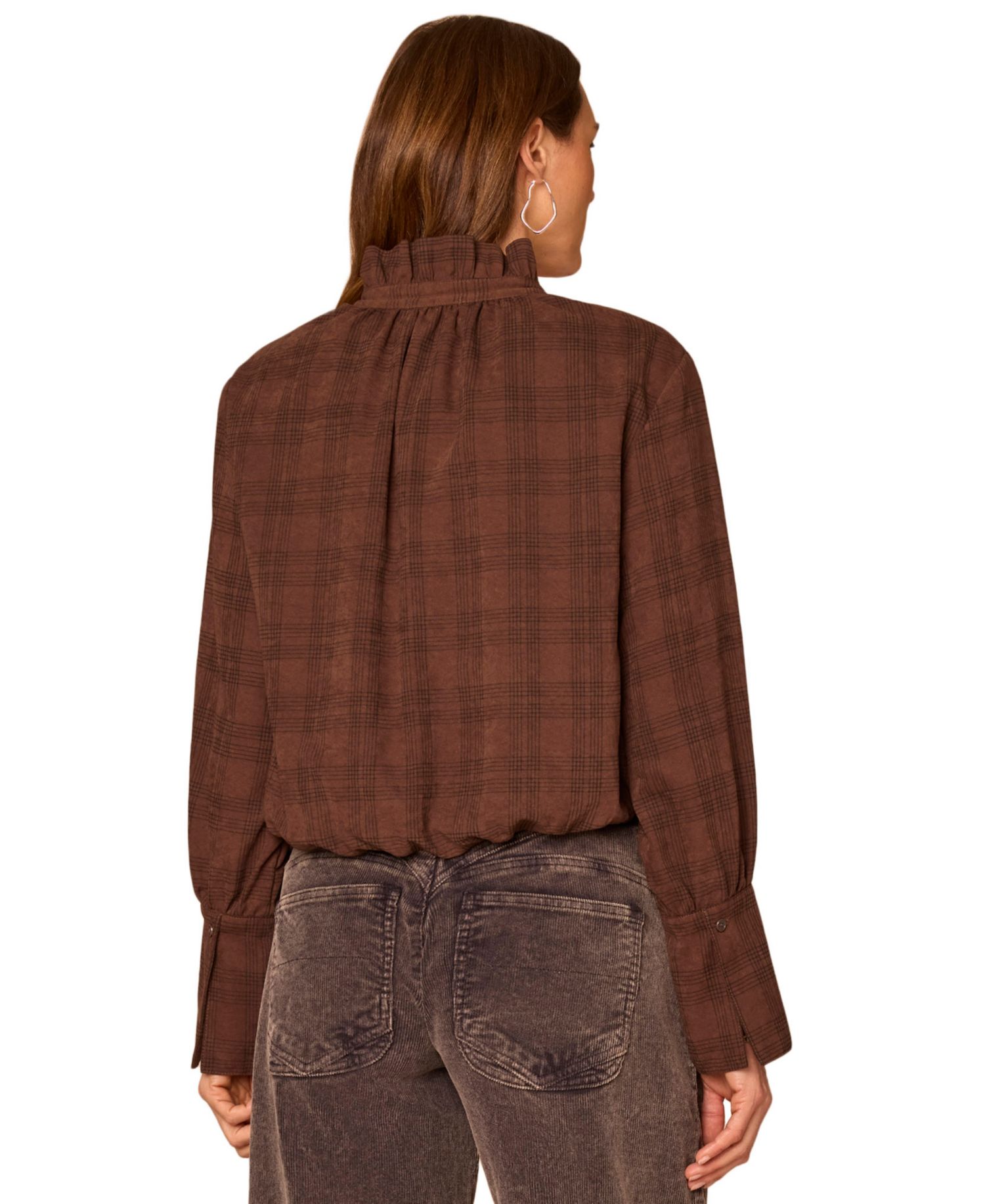 Petite Plaid French-Cuff Ruffle-Neck Faux Suede Blouse
