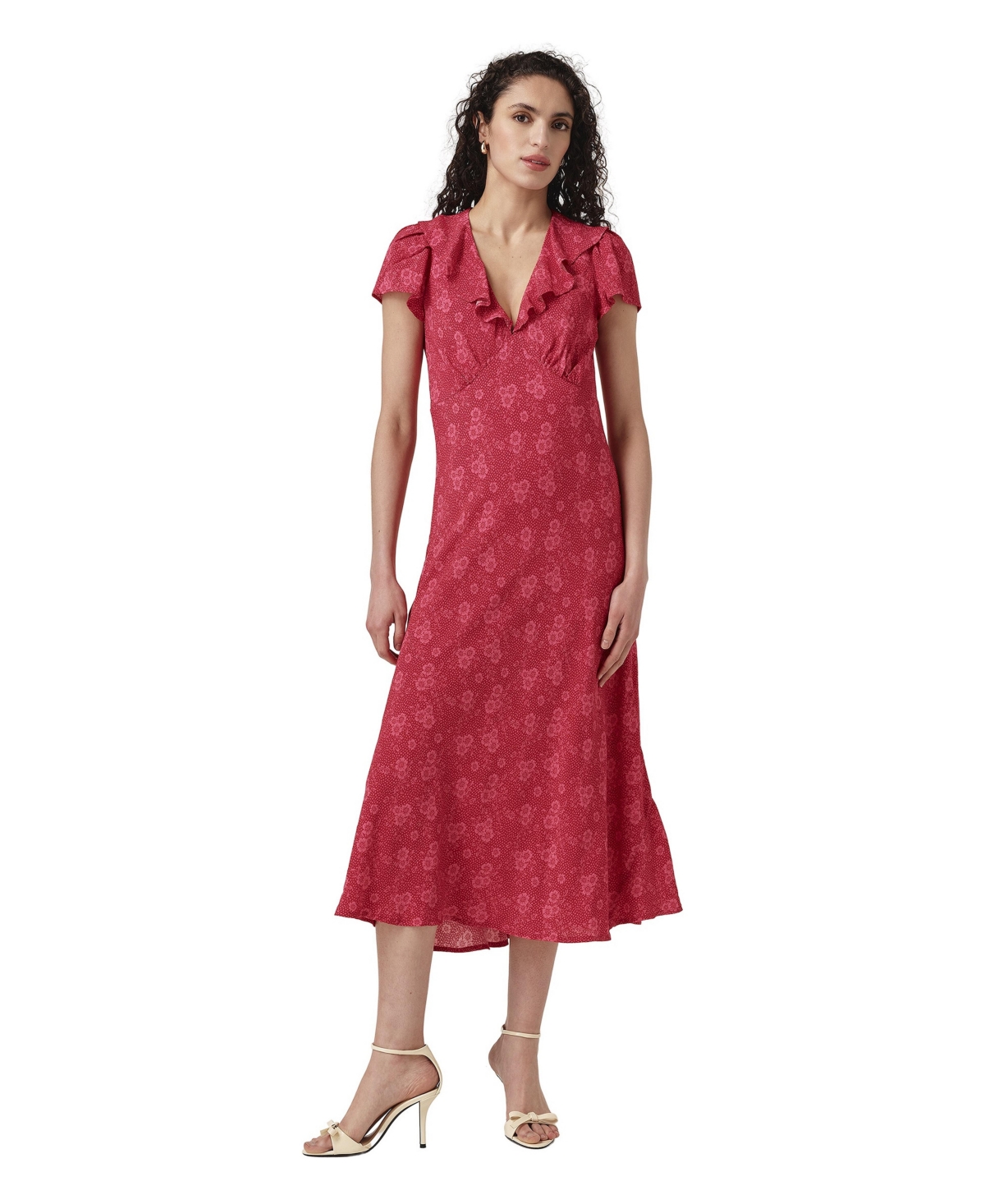 Ghost London Women's Kimmy Floral Frill Neck Crepe Midi Dress