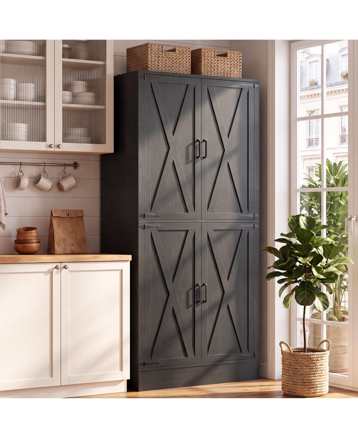 Aheaplus Wood Farmhouse Kitchen Pantry Storage Cabinet with Built-in Drawer