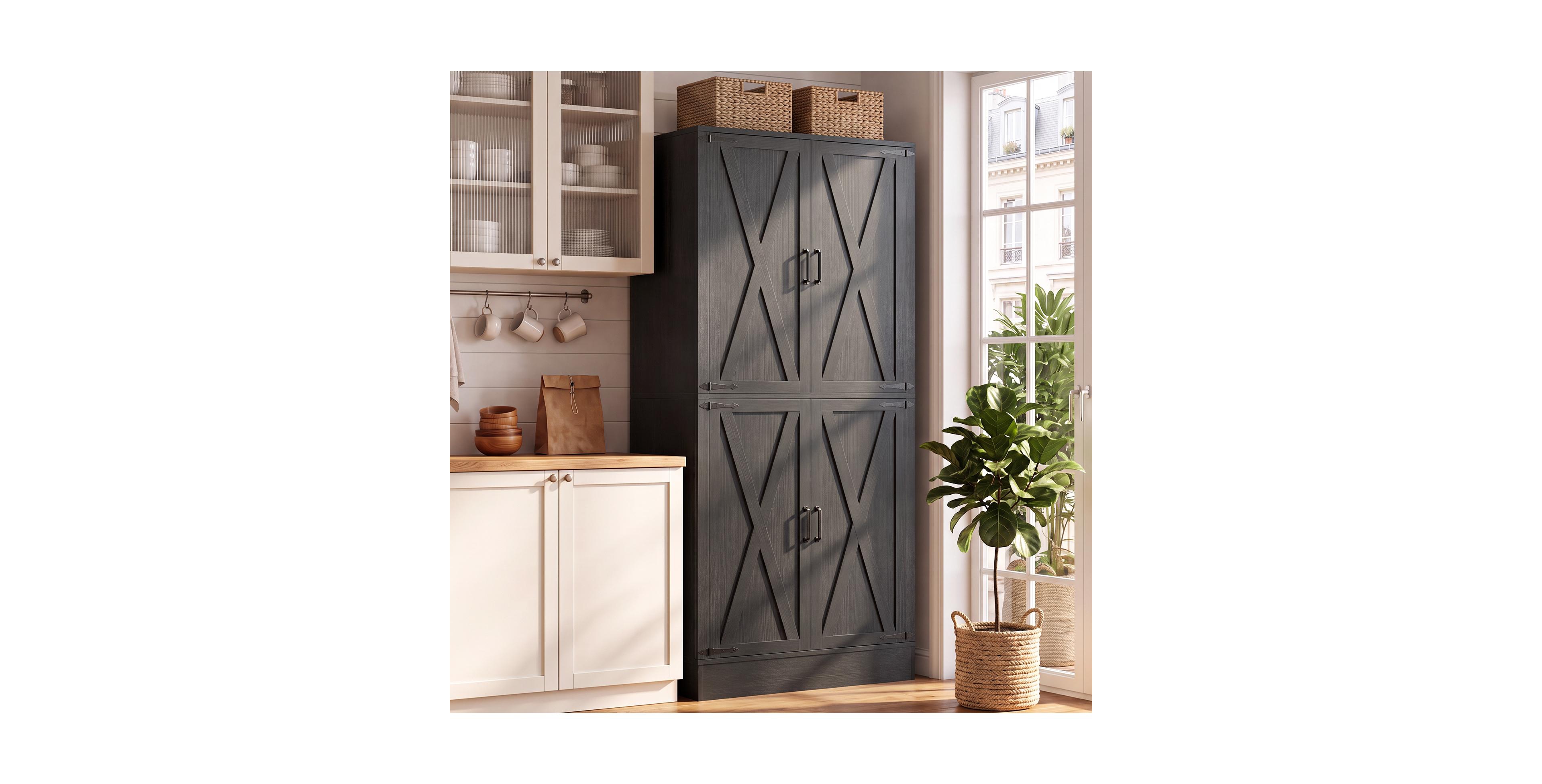 Aheaplus Wood Farmhouse Kitchen Pantry Storage Cabinet with Built-in Drawer