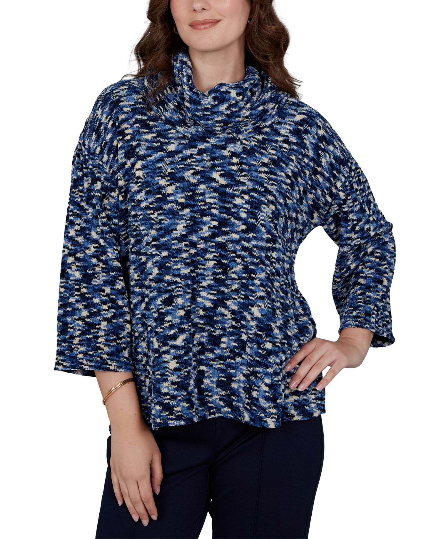 Petite Spacedye Cowl Neck 3/4-Sleeve Top