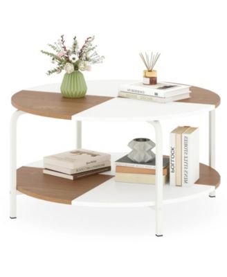 2 Tier Round Coffee Table Metal Frame with Storage Shelf