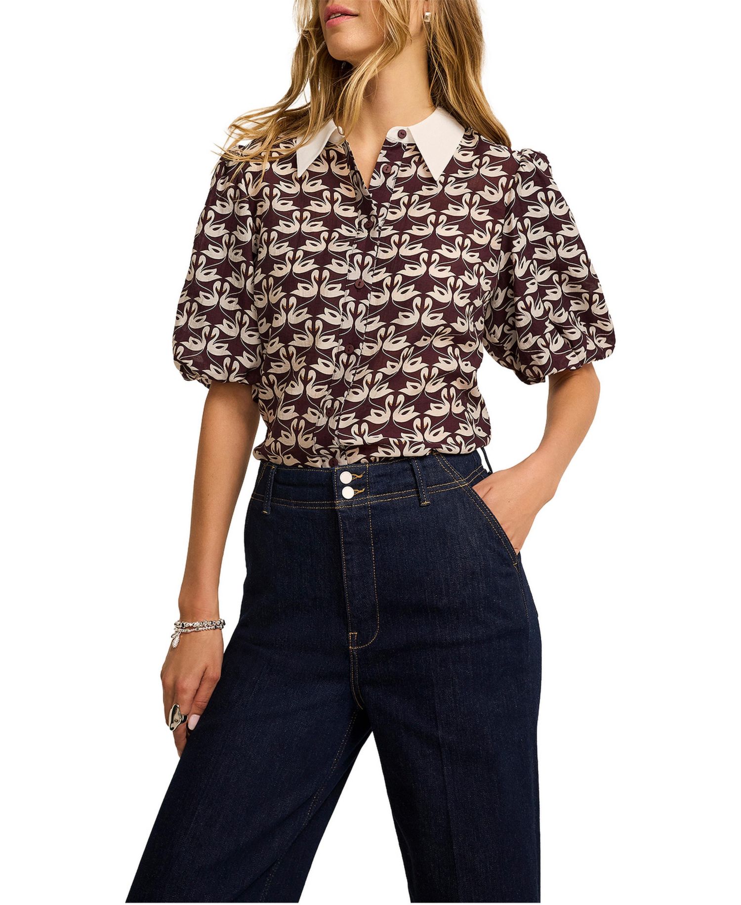 Women's Swan Print Puff Sleeve Blouse