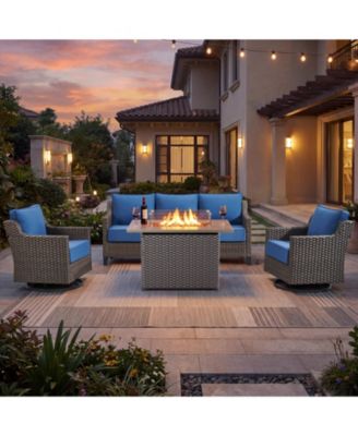 4-Piece Horiz All-Weather Wicker Patio Set with Fire Pit Table and Swivel Rocker Chairs,6-in Thick Cushions