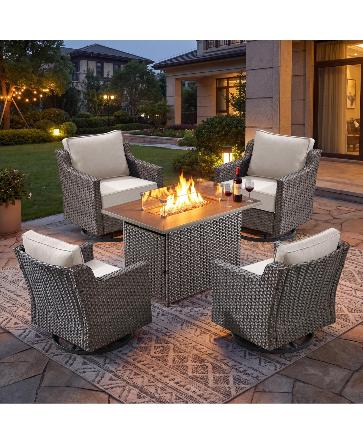 Pocassy 5-Piece Horiz Outdoor Patio Furniture Set with a Rectangle Propane Fire Pit Table,4 Rocking Chairs