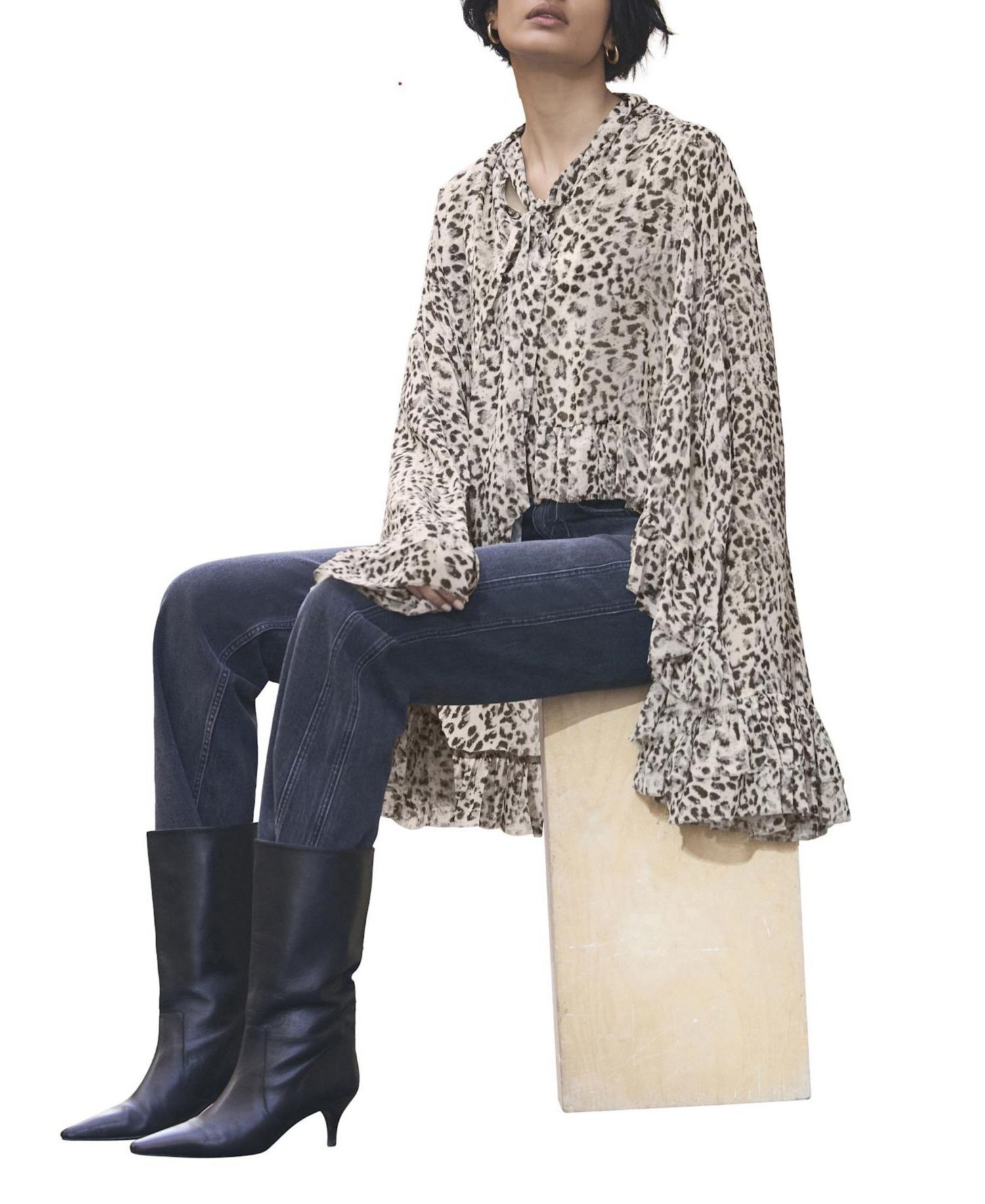 Women's Leopard-Print Long-Sleeve Tie-Neck Blouse