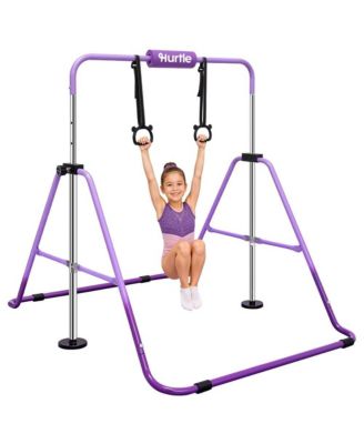Kids Gymnastics Bar, Adjustable Height, 59" Wide Foldable Bar with Hanging Rings, Foam Pad, 145 lb Capacity