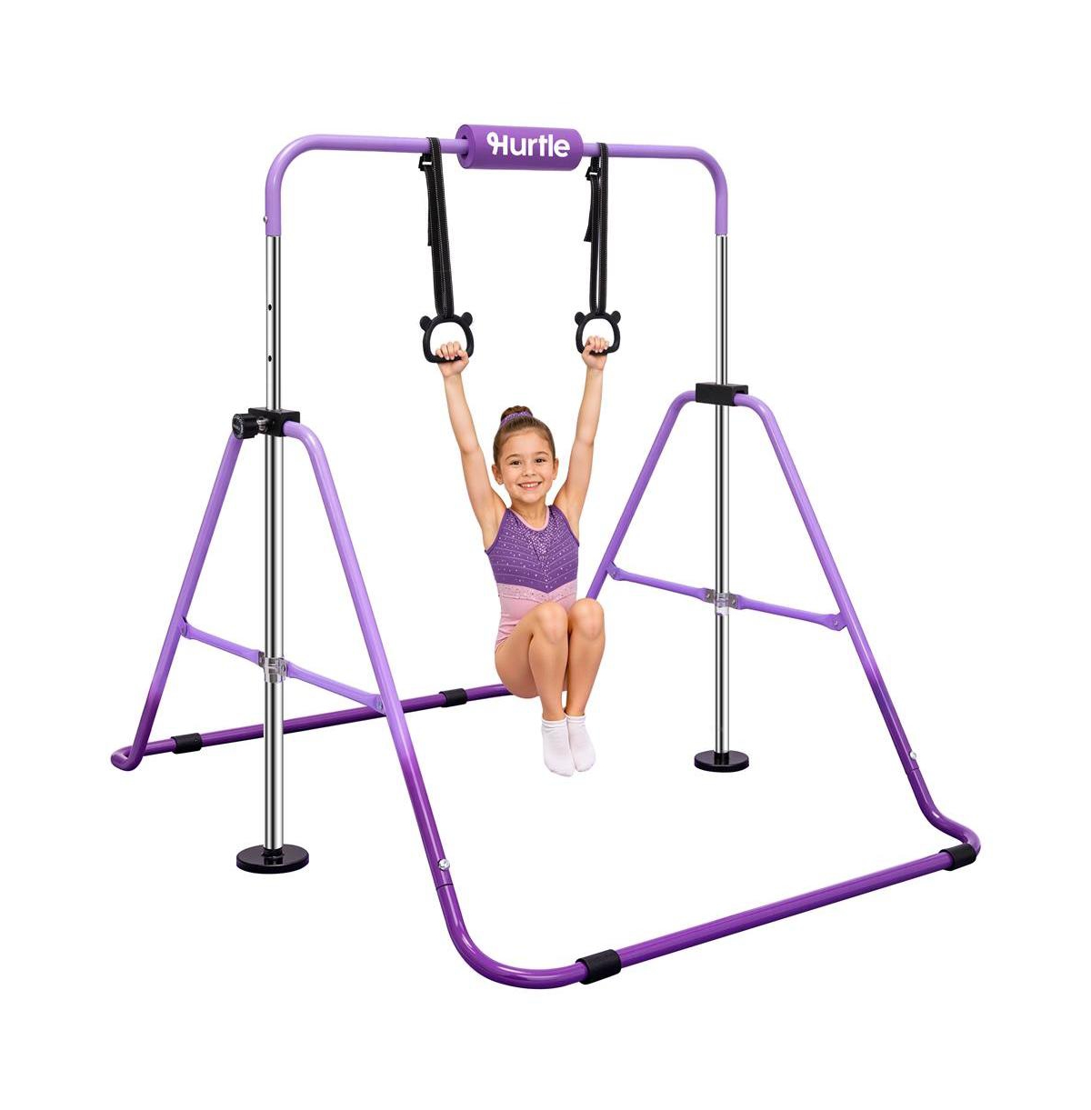 Hurtle Kids Gymnastics Bar, Adjustable Height, 59" Wide Foldable Bar with Hanging Rings, Foam Pad, 145 lb Capacity - Purple
