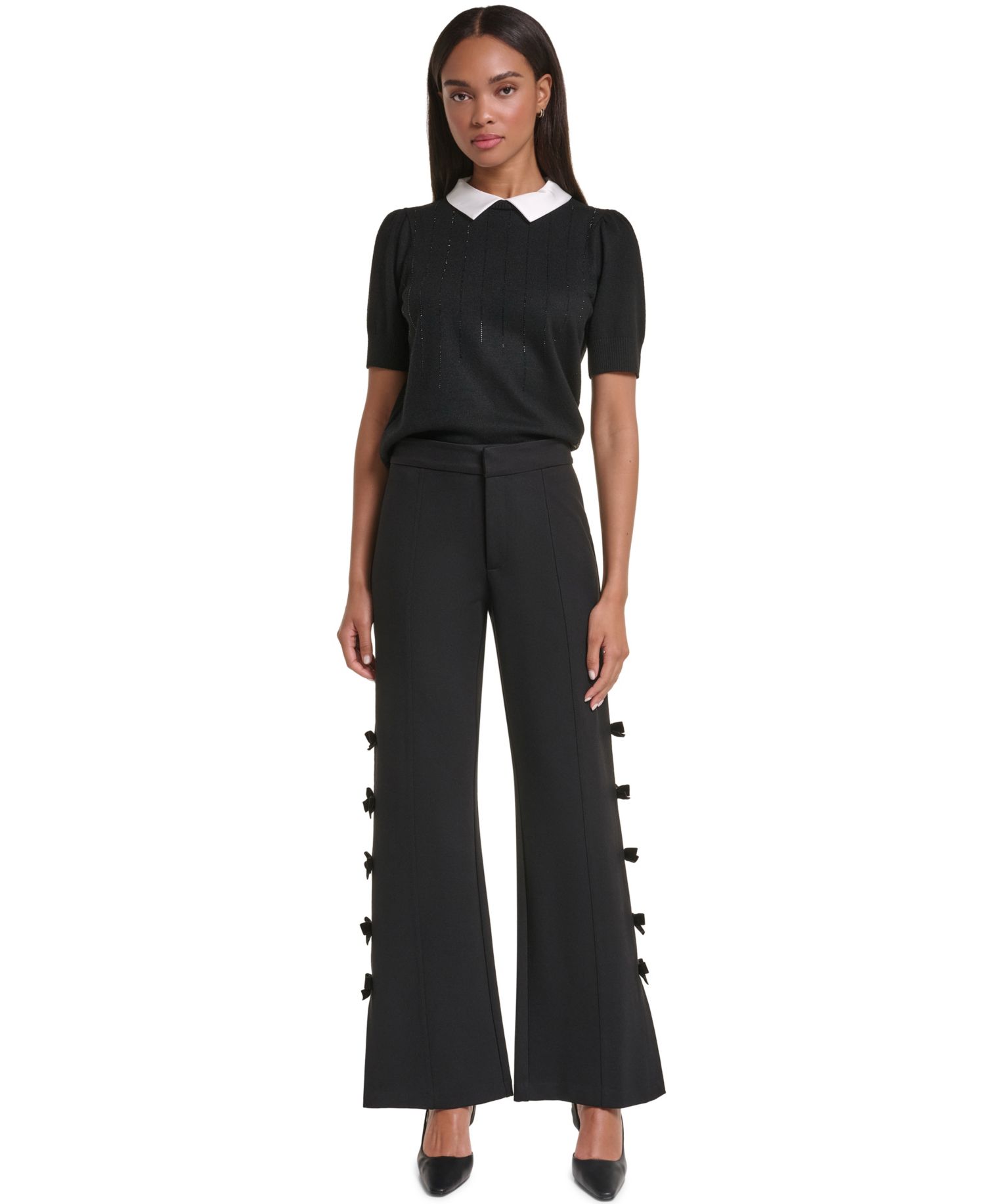 Petite Soft Set Bow Bottom Wide-Leg Velvet Pants