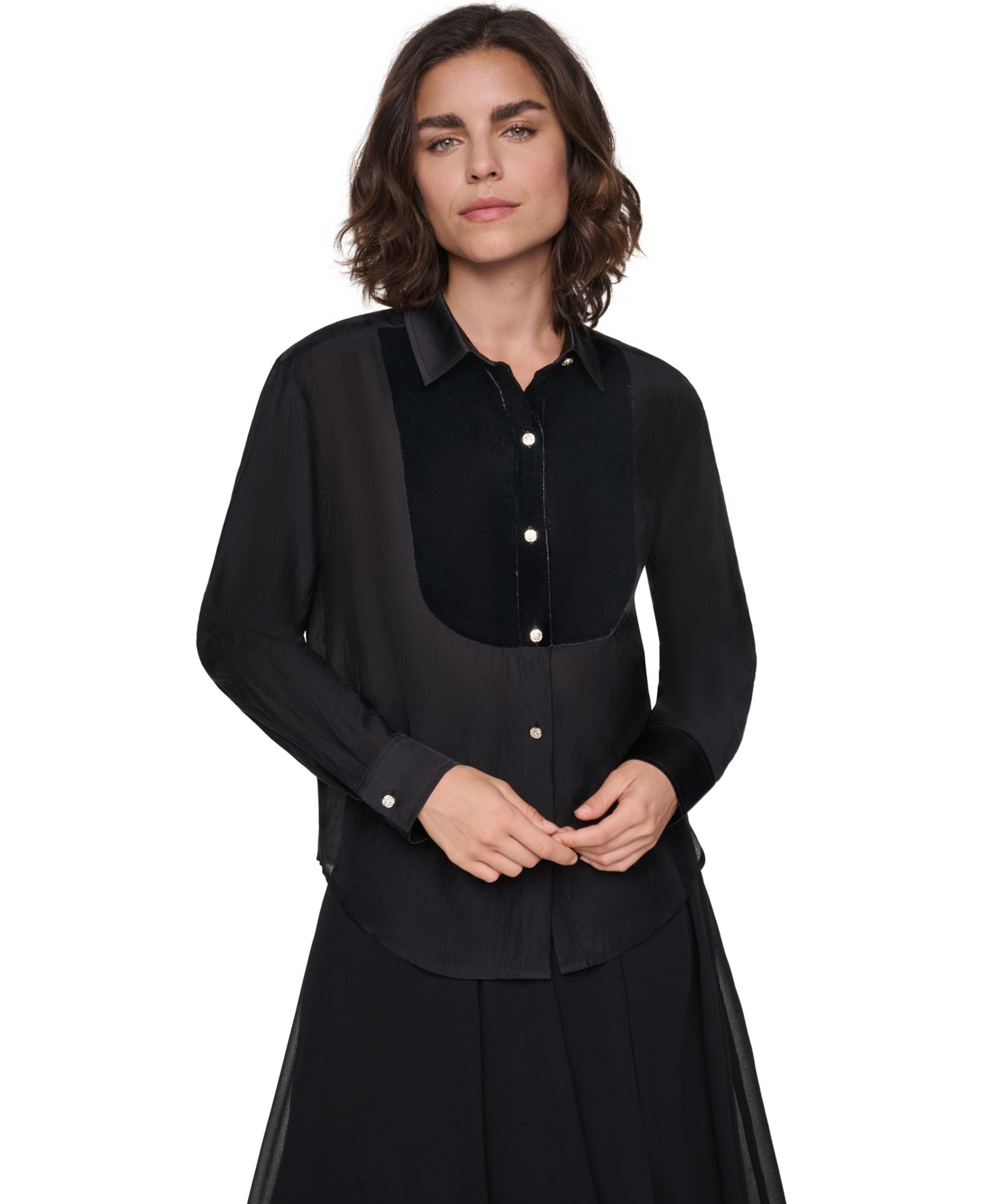Женская блузка KARL LAGERFELD PARIS Velvet Long-Sleeve Point-Collar Blouse, цвет: Чёрный — фото 1