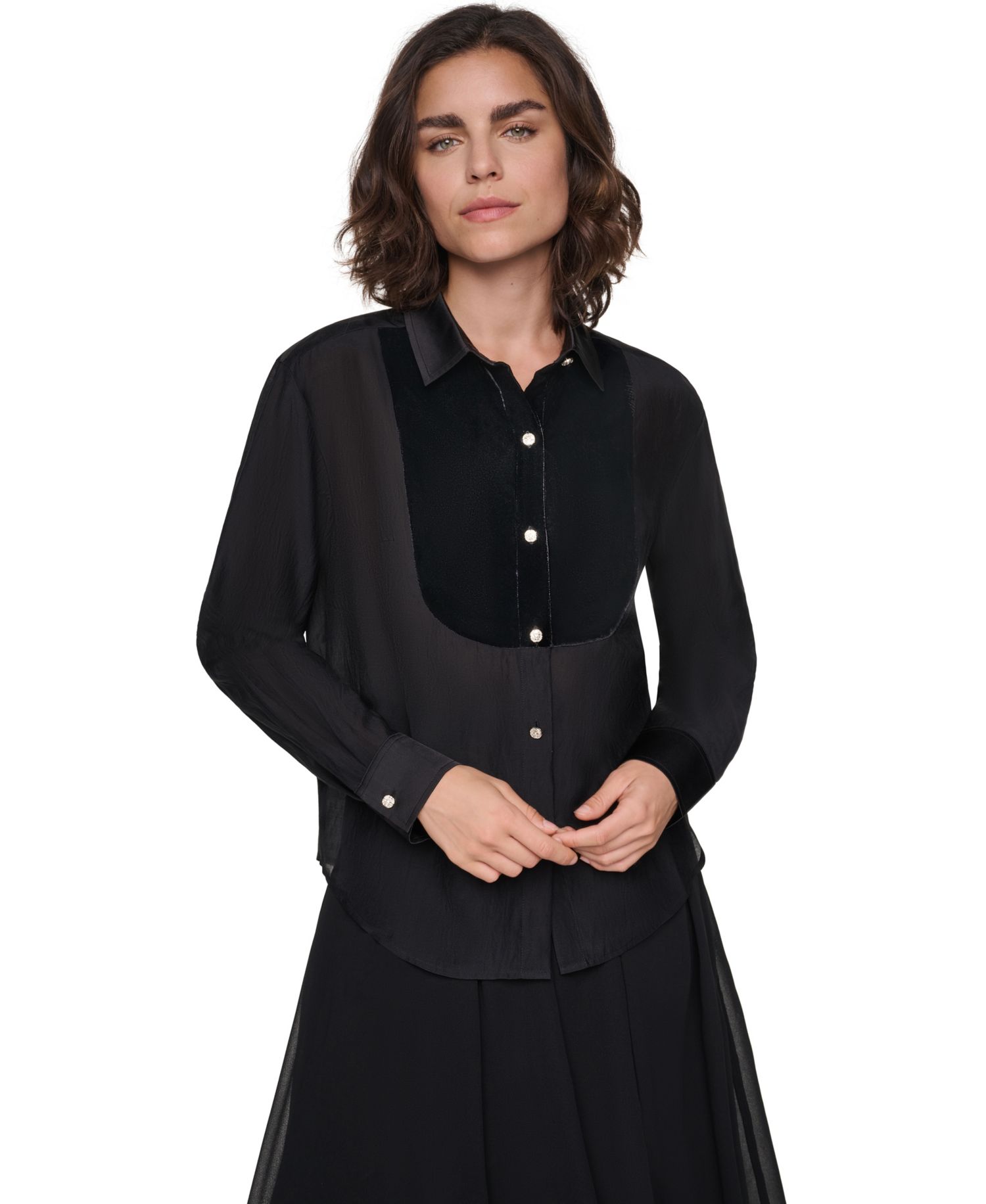 Petite Velvet Woven Long-Sleeve Point-Collar Blouse
