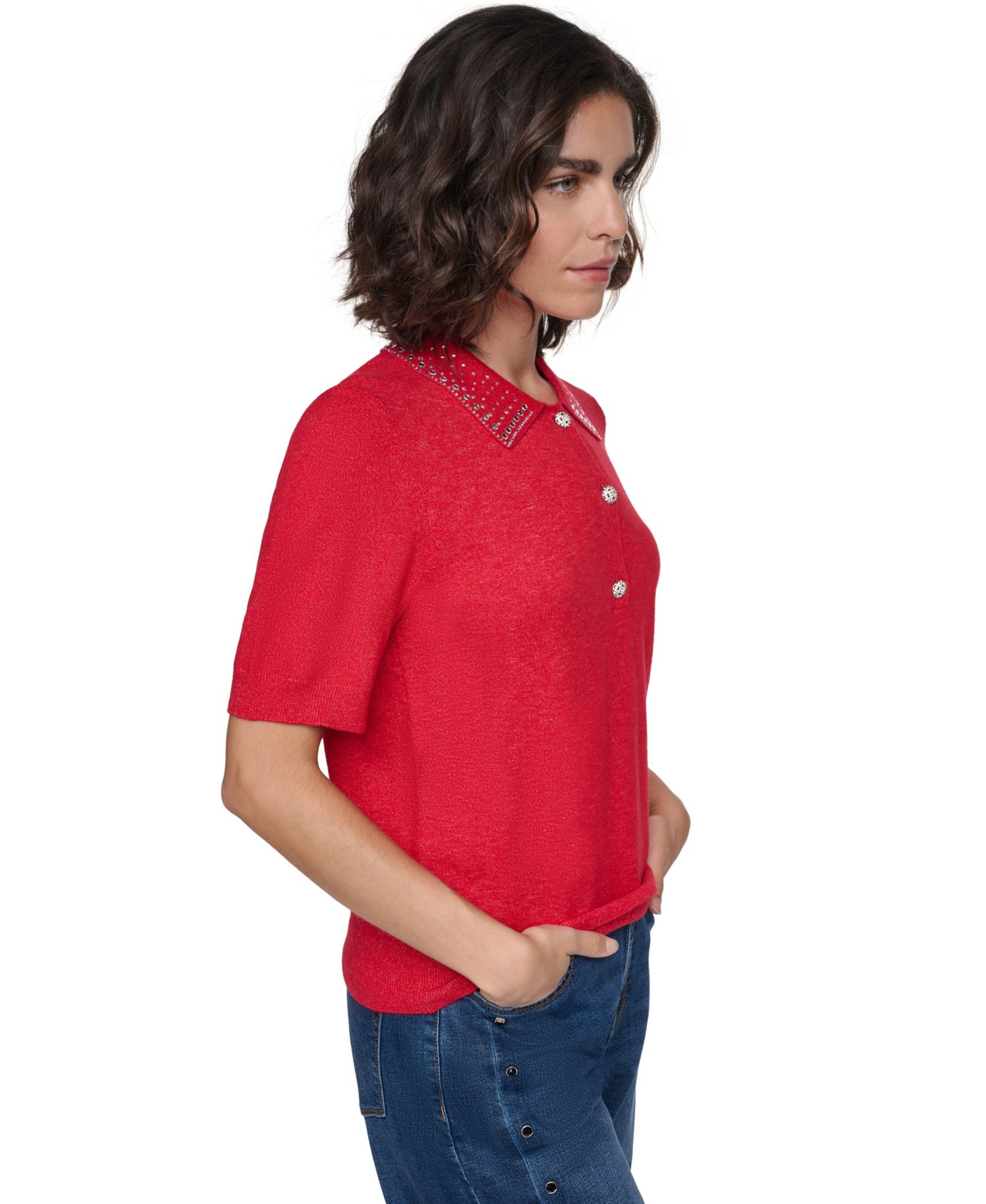 Petite Key Item Short-Sleeve Embellished-Collar Polo Shirt