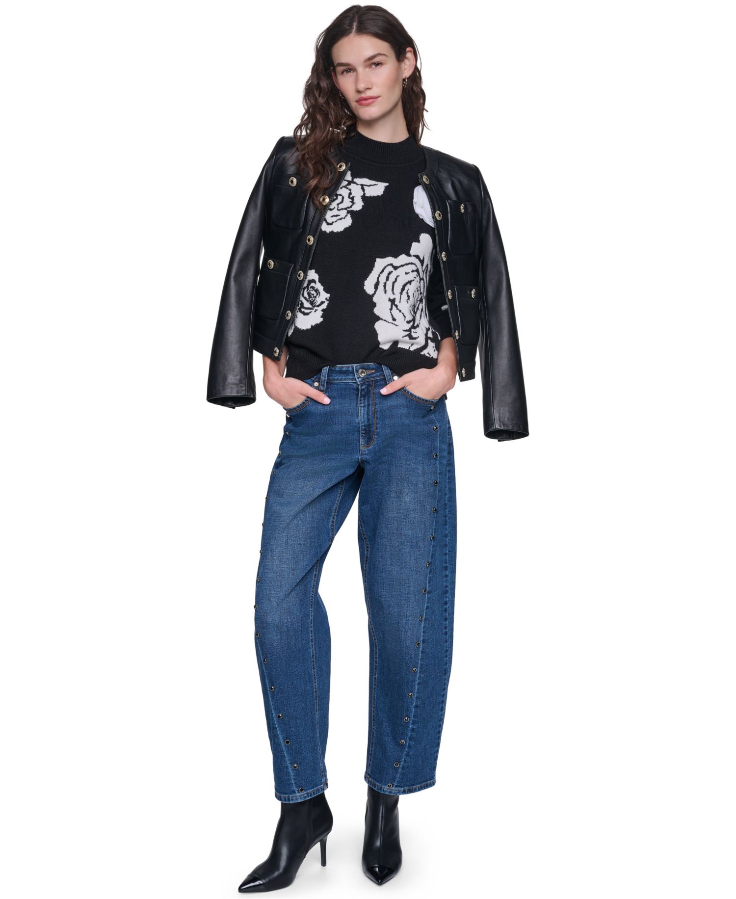 petite Mock-Neck Long-Sleeve Floral Sweater