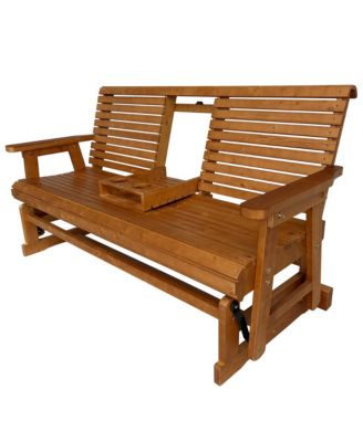 Ft Solid Wood Patio Glider Bench with Drop-Down Cup Holder, 3-Seater Outdoor Gliding Chair for Porch and Garden