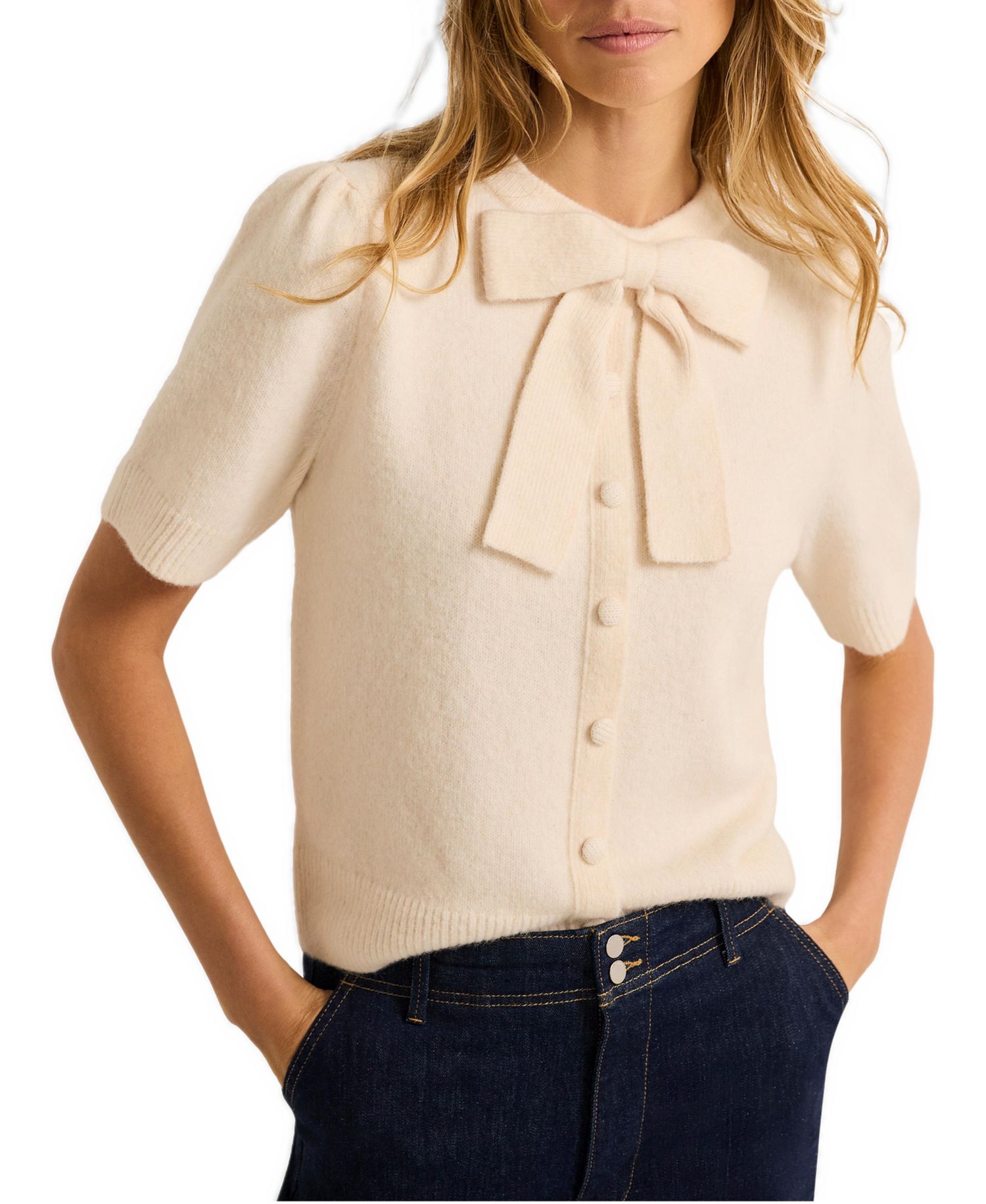 Women's Bow Detail Crewneck Short-Sleeve Knit Top