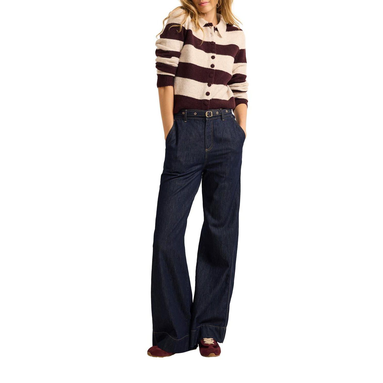 Women's Striped Collared Button-Front Sweater