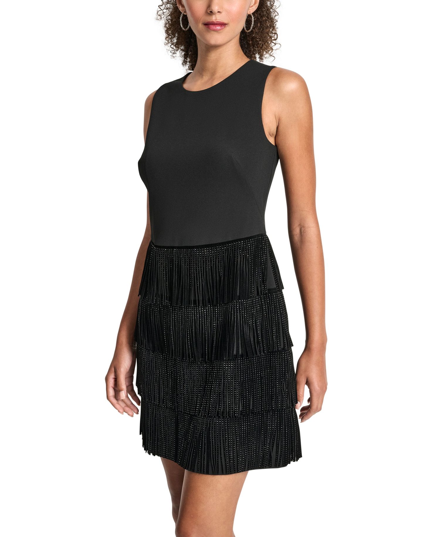 Women's Tiered-Fringe Sleeveless Crewneck Shift Dress