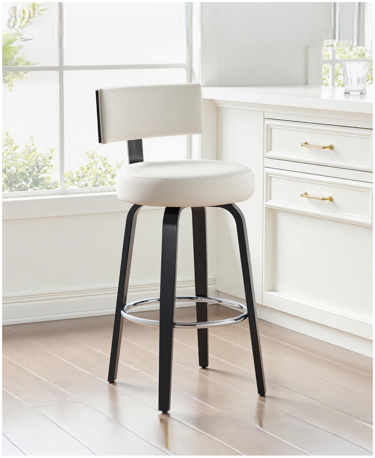 Bekrvio 26" Mid-Century Swivel Bar Height Bar Stools, Faux Leather Kitchen Stools - White