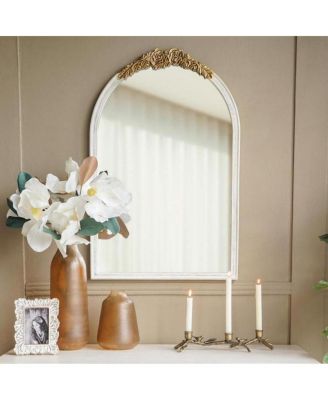 24" x 36" Arched Wall Mirror with Distressed Wood Frame Ornate Floral Accent Mirror