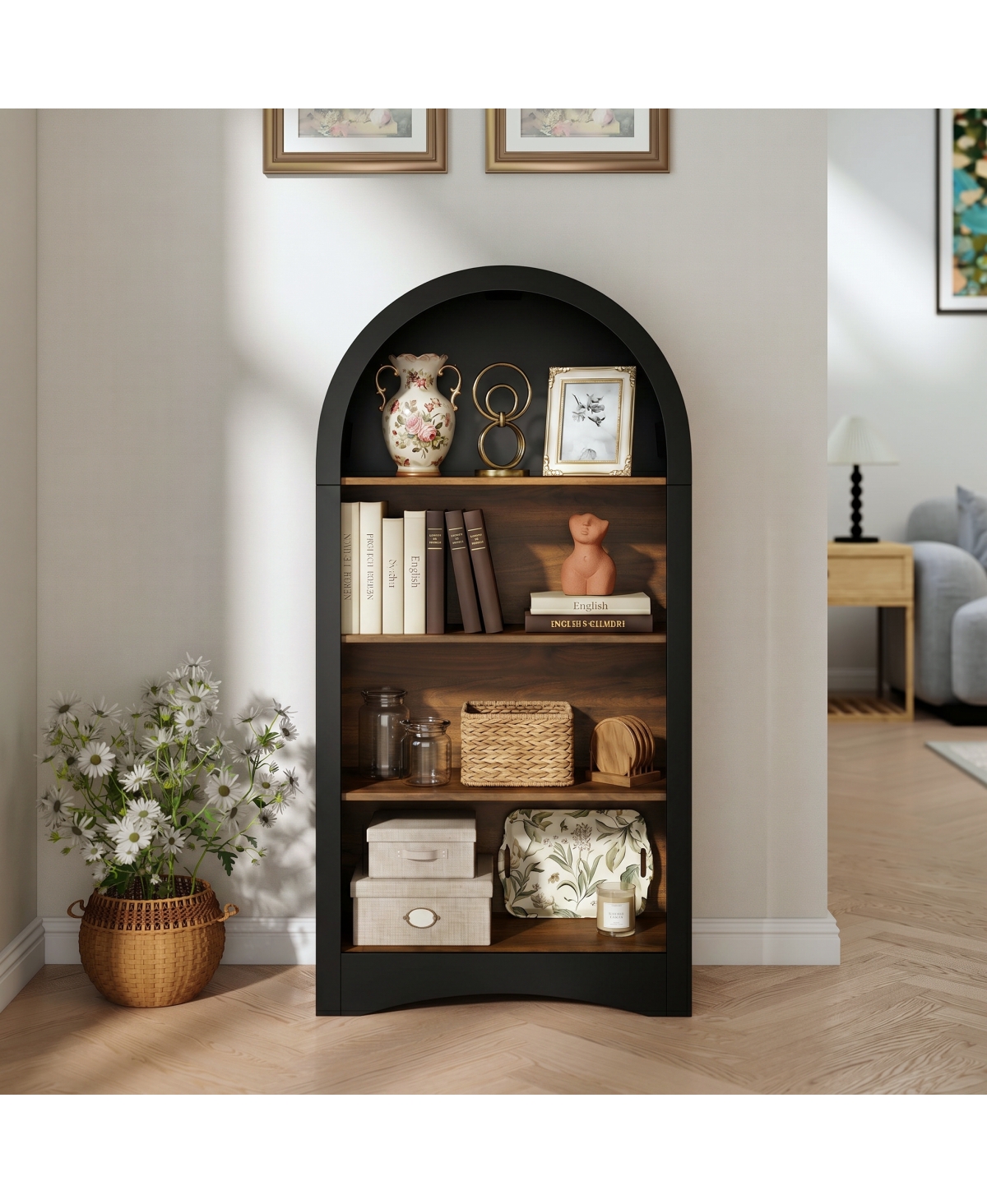 Streamdale Furniture 47" 4-Tier Arched Woodgrain Display Rack and Accent Bookcase,