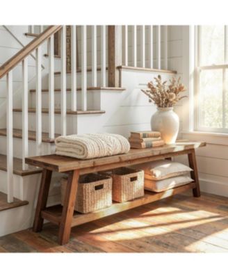 Solid Wood 63" End of Bed Bench, with Upholstered Seat and Open Shelf