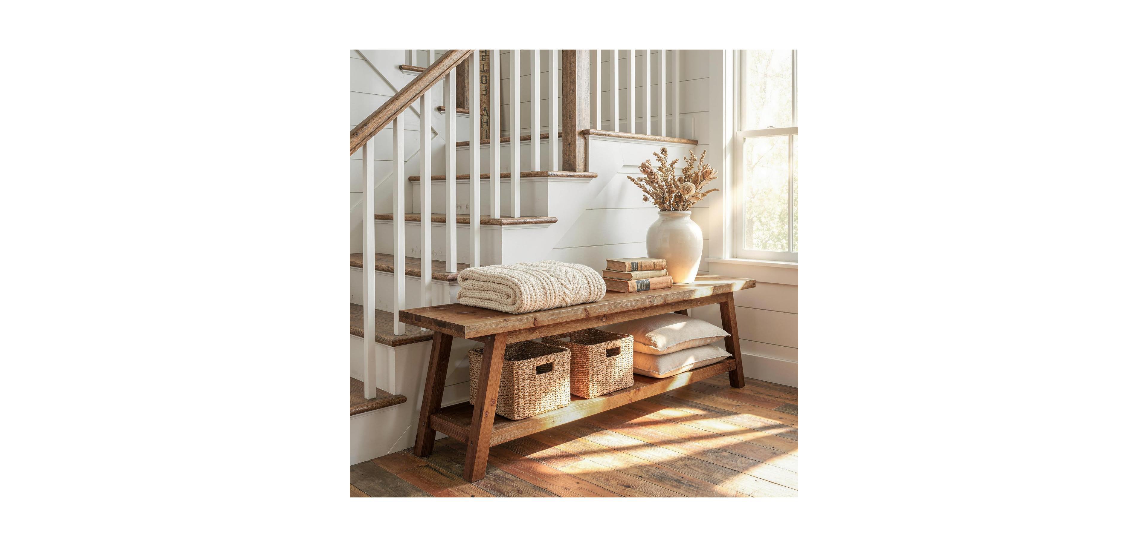 Tribesigns Solid Wood 63" End of Bed Bench, with Upholstered Seat and Open Shelf