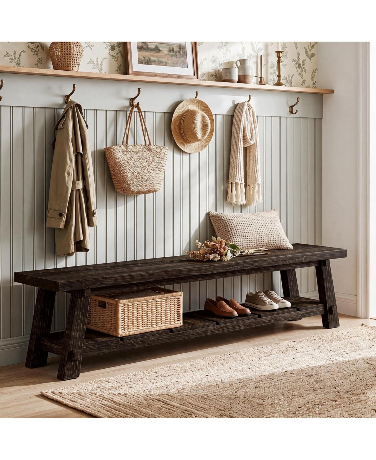 Tribesigns 71" Solid Wood Entryway Bench with Shoe Storage, Extra Long