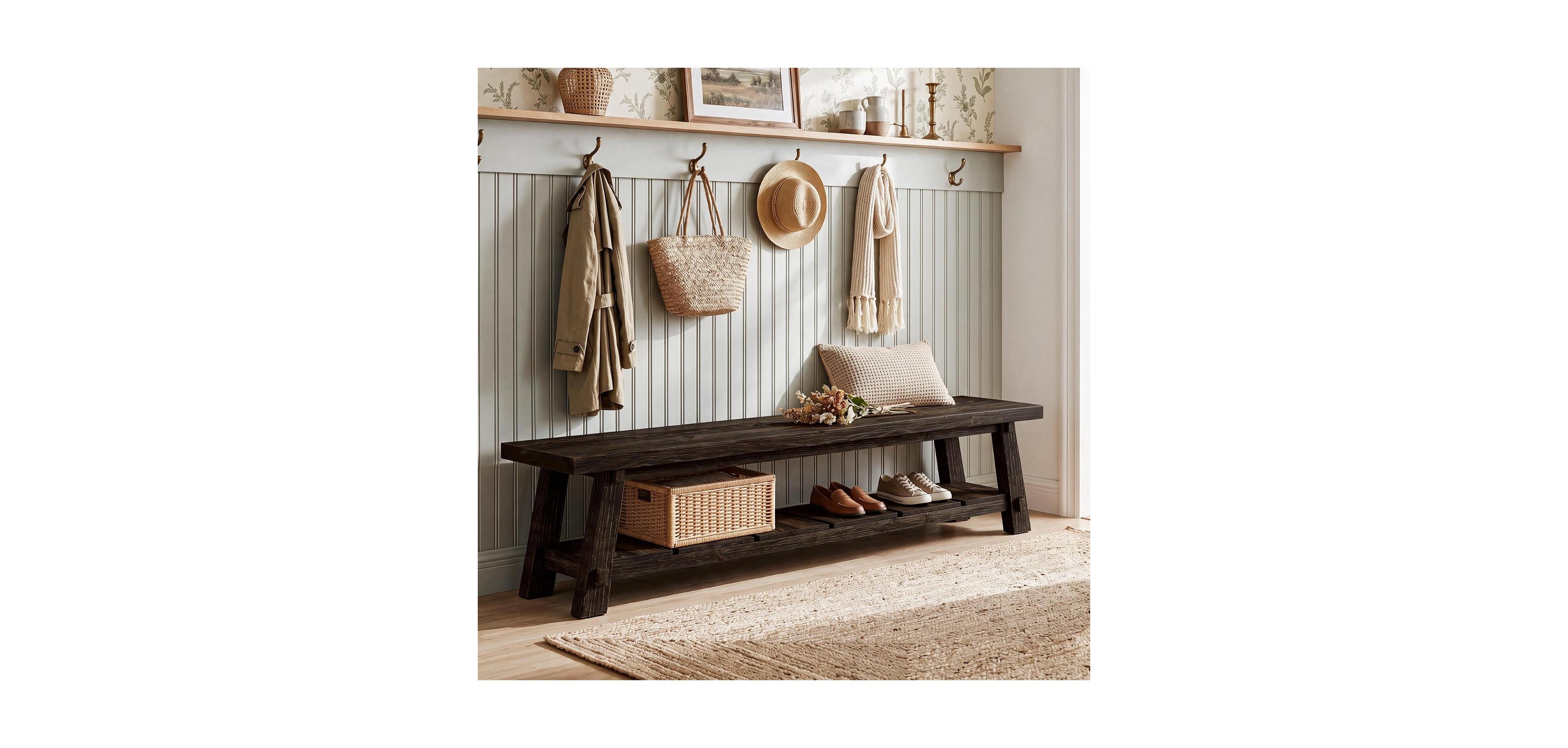Tribesigns 71" Solid Wood Entryway Bench with Shoe Storage, Extra Long