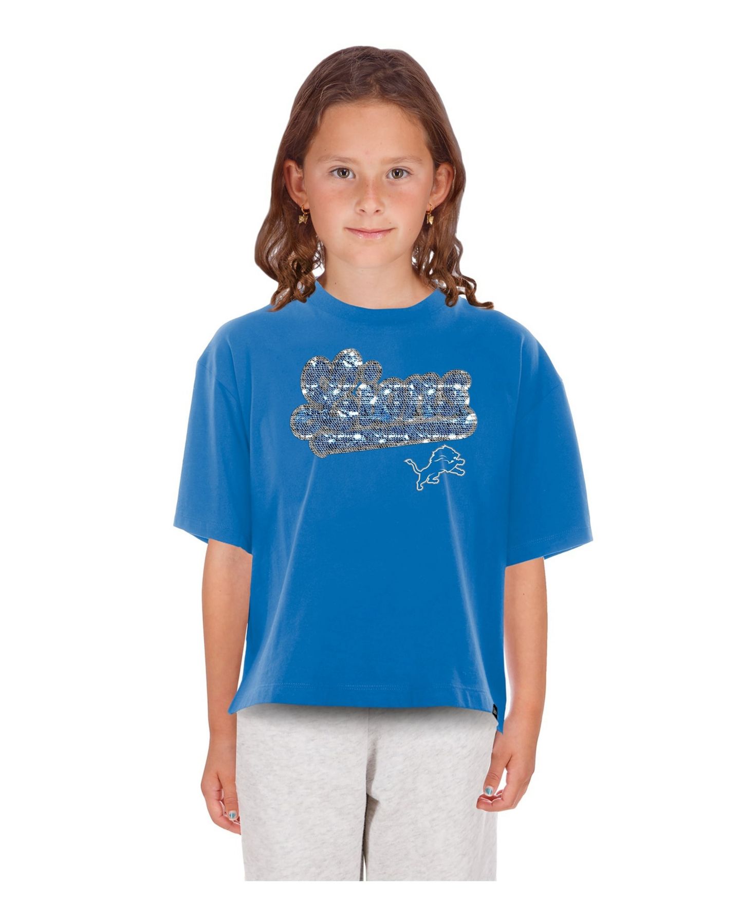 Футболка New Era Blue Detroit Lions Flip Sequin Boxy для девочек — фото 1