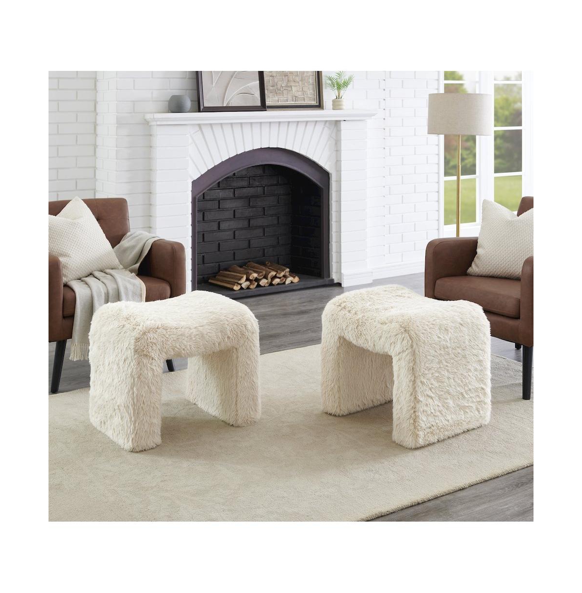Roundhill Furniture Zorya Contemporary Faux Fur U-Shaped Ottoman, Set of 2