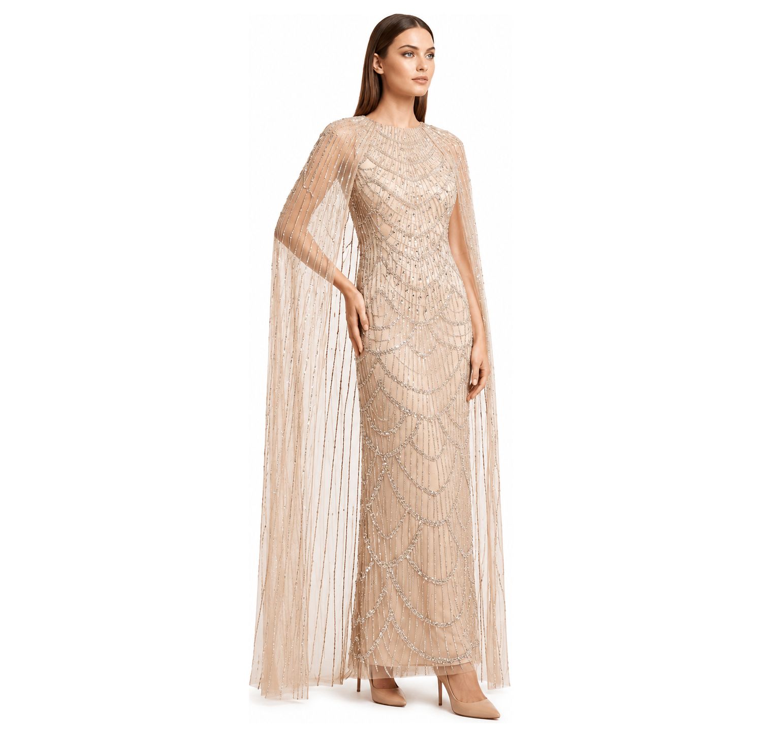 Women's Beaded High-Neck Cape Gown