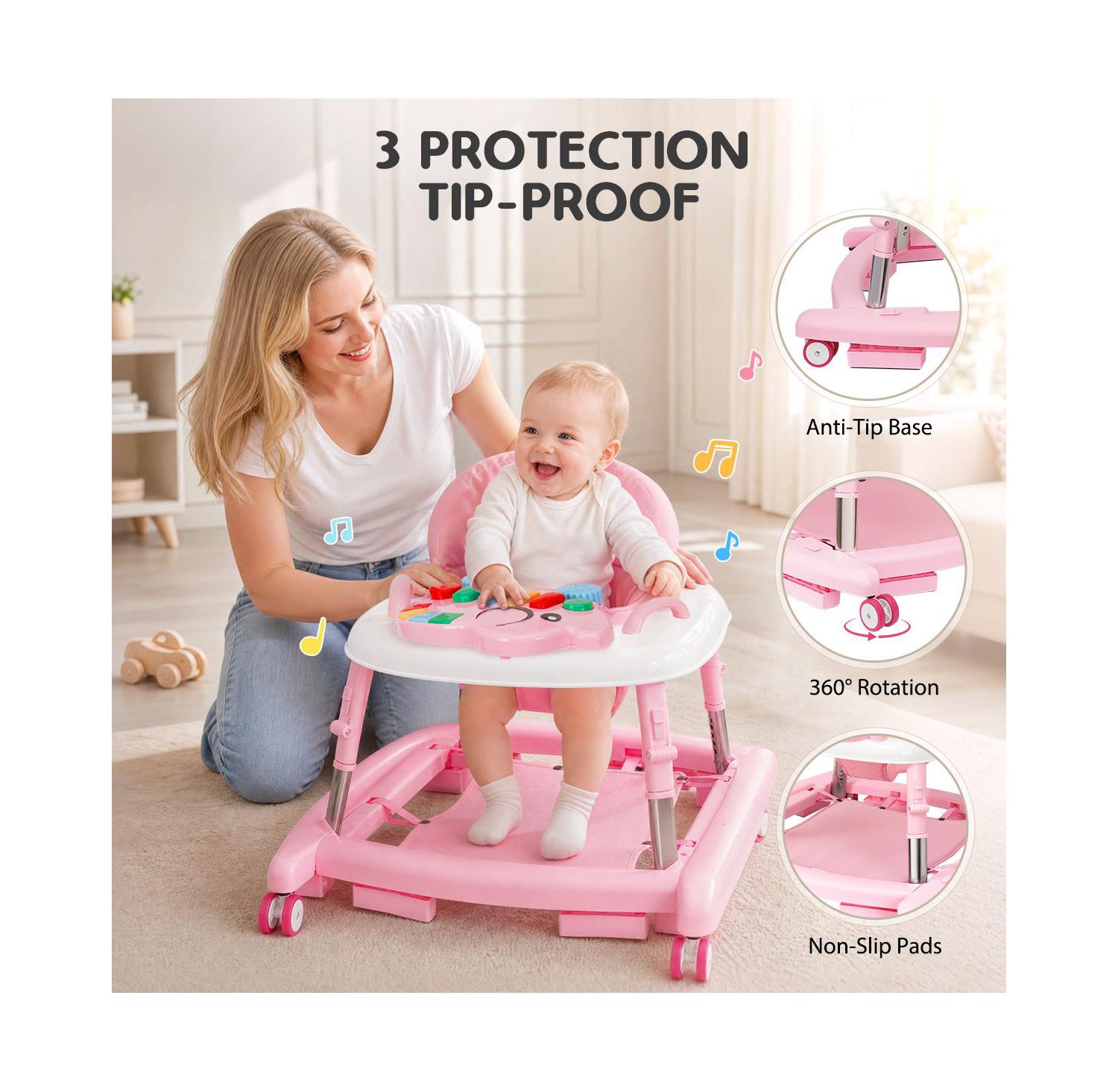 5-in-1 baby walker with adjustable height, activity panel and foldable design