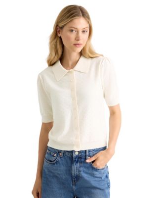 Women's Short Sleeve Pointelle Button Polo Top
