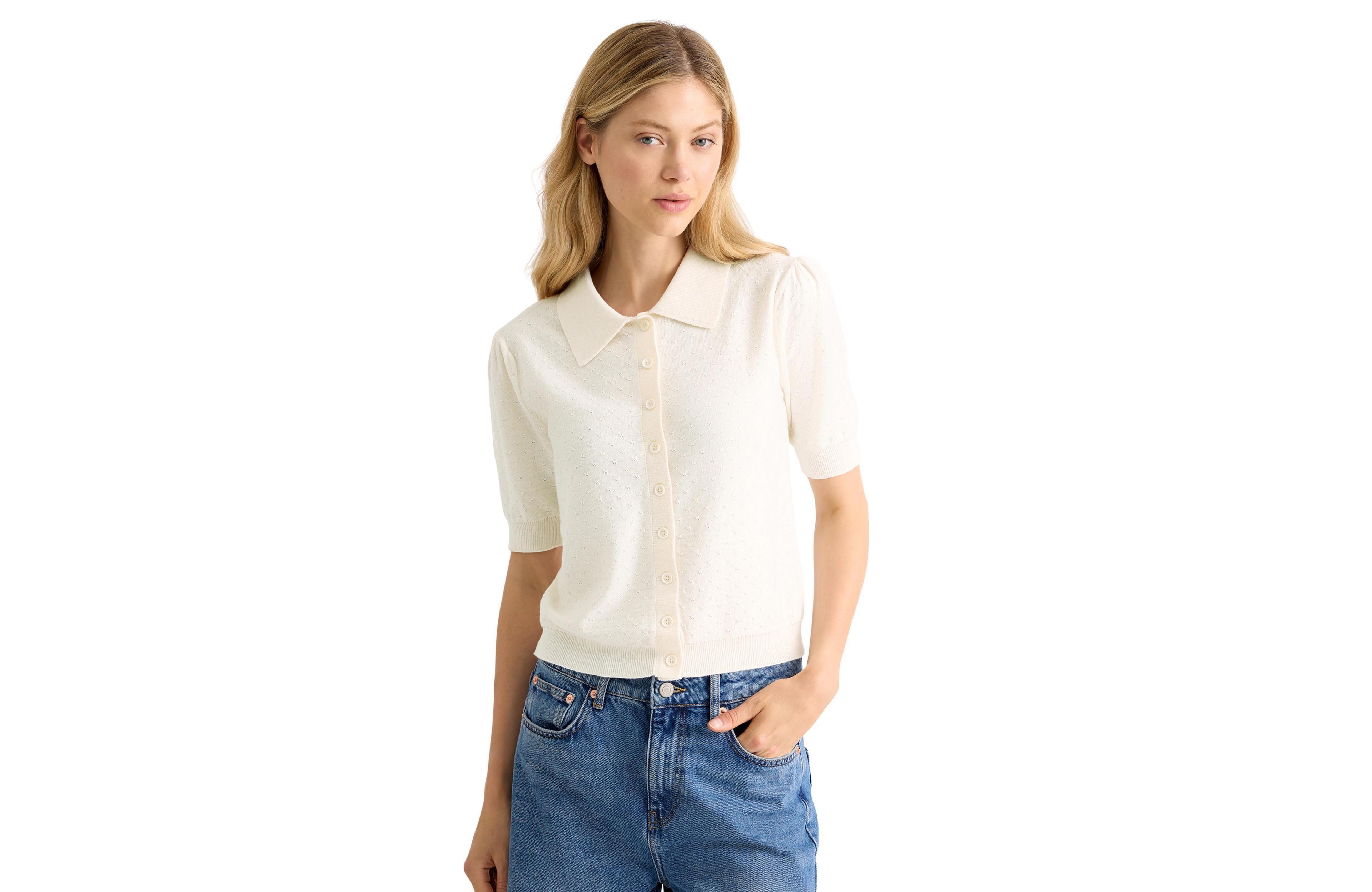 Albaray Women's Short Sleeve Pointelle Button Polo Top