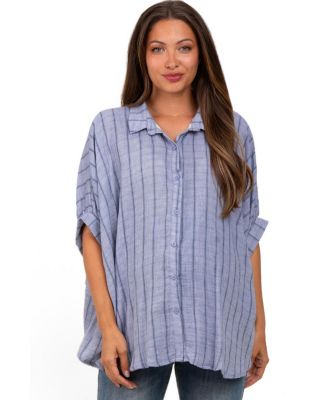 Women's Blue Striped Collared Oversized Top