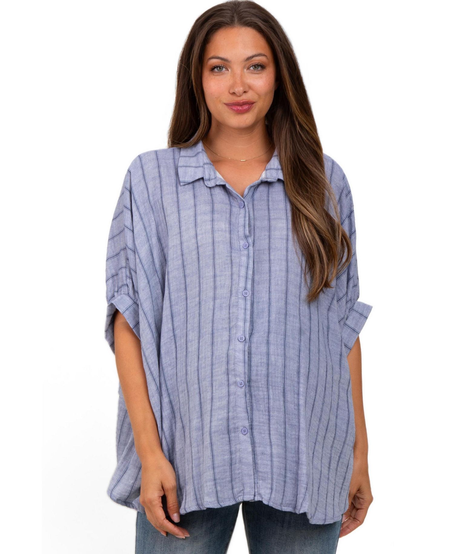 Women's Blue Striped Collared Oversized Top