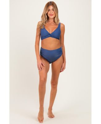Women's Blue Gray Twist Front V-Neck Bikini Set