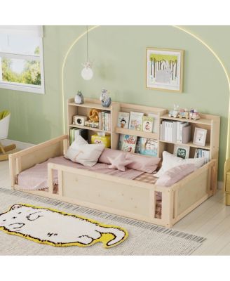 Wooden Platform Bed with Guardrail, 6 Storage Shelves, Low Floor Design, Solid Wood Bed Frame for Bedroom Small Room Sleeping Furniture