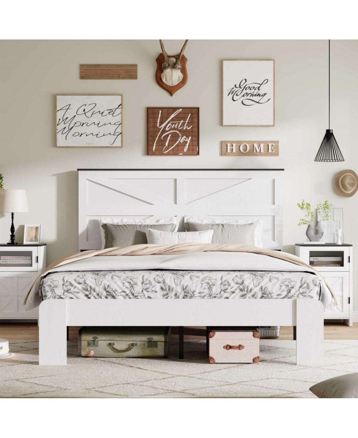 Rainsken Wood Platform Bed Frame with M-Shaped Headboard,Noise-Free,Large Under Bed Storage, Easy Assembly,No Box Spring Needed for Bedroom Apartment