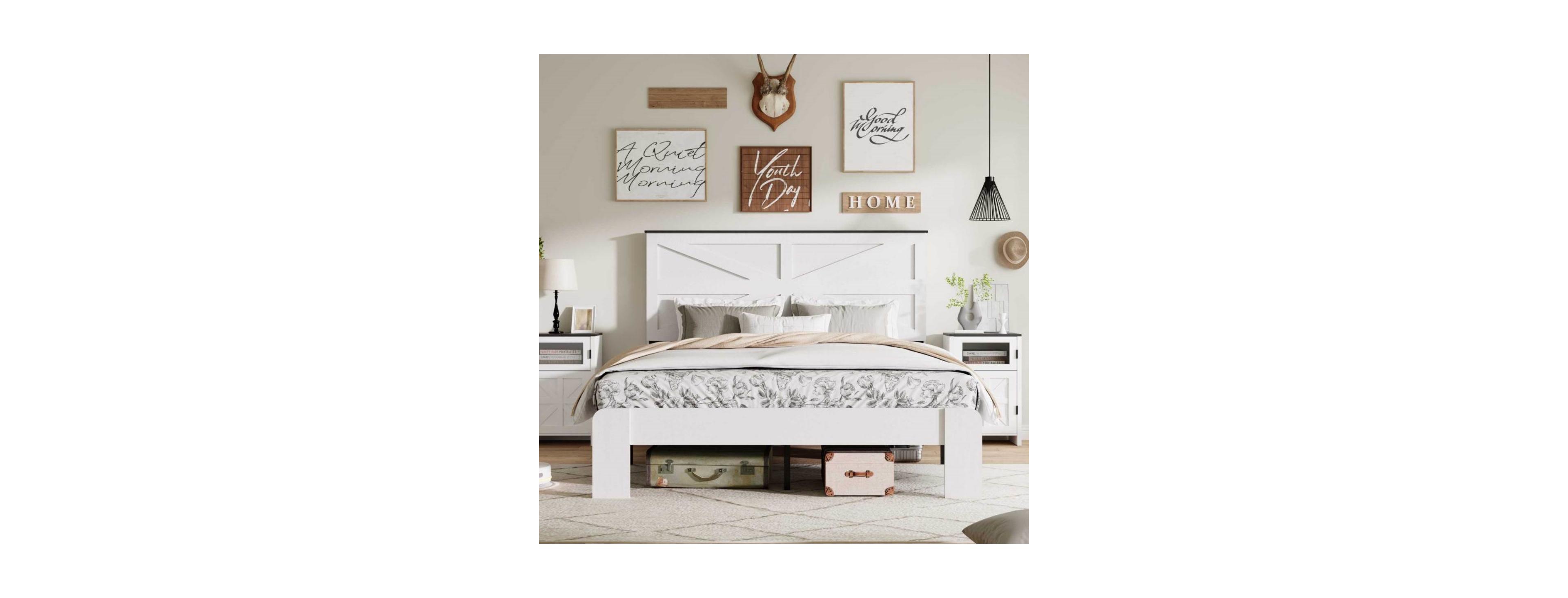 Rainsken Wood Platform Bed Frame with M-Shaped Headboard,Noise-Free,Large Under Bed Storage, Easy Assembly,No Box Spring Needed for Bedroom Apartment